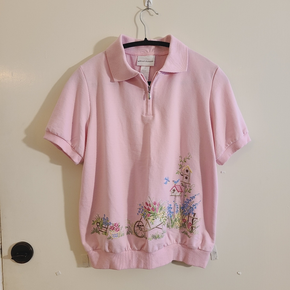 Alfred Dunner Garden Short Sleeve Lightweight Knit Half Zip Collar Top
